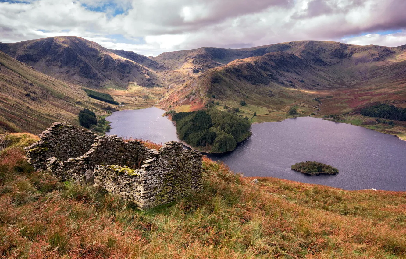 Photo wallpaper landscape, mountains, lake, home