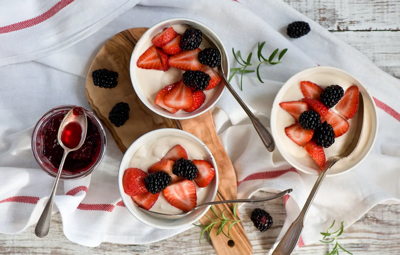Photo wallpaper berries, strawberry, BlackBerry, jam, yogurt, Anna Verdina