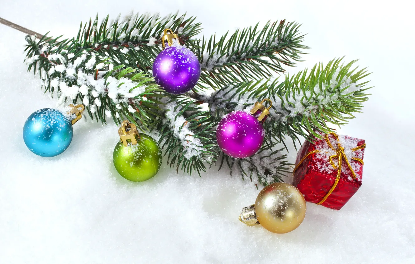 Photo wallpaper balls, tree, branch, Christmas, New year, Christmas, New Year