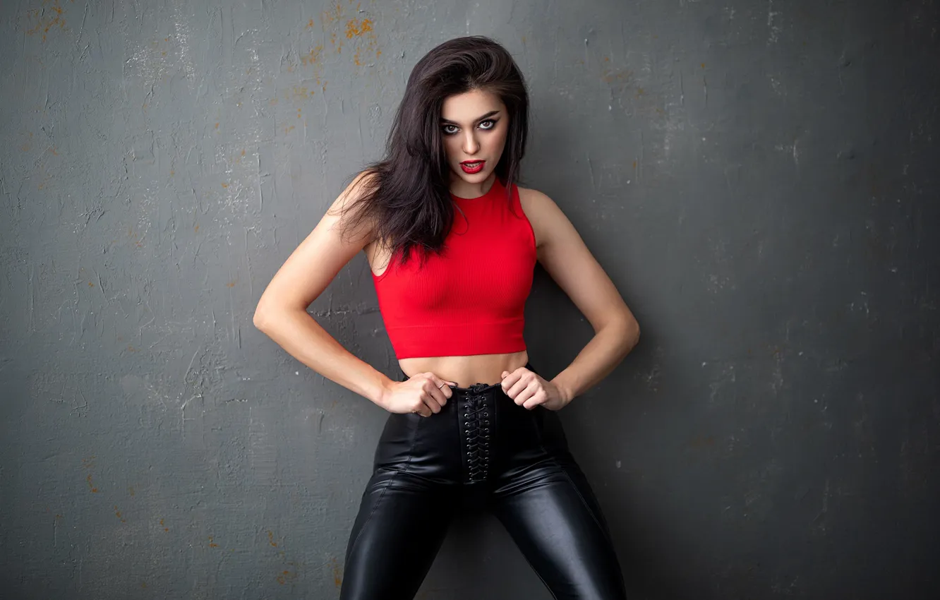 Photo wallpaper look, girl, pose, background, wall, makeup, figure, brunette