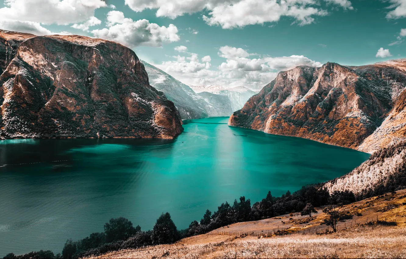 Photo wallpaper autumn, the sky, clouds, trees, mountains, lake, rocks, shore