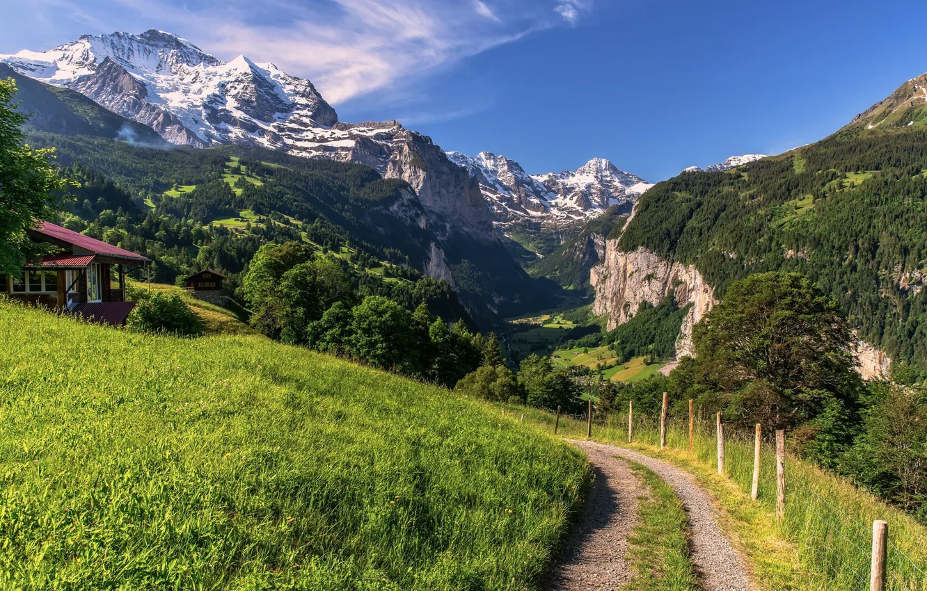 Photo wallpaper road, mountains, Switzerland, Alps, houses