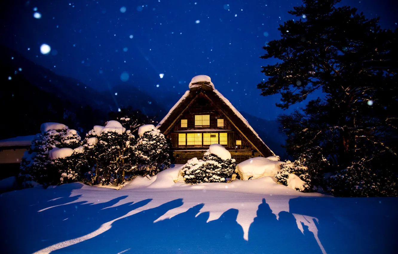 Photo wallpaper winter, light, snow, trees, landscape, nature, house, village