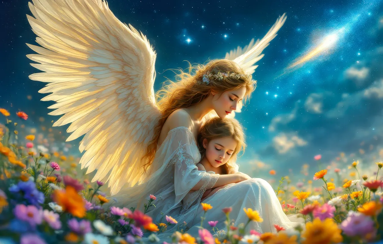 Photo wallpaper field, the sky, look, girl, flowers, children, pose, portrait