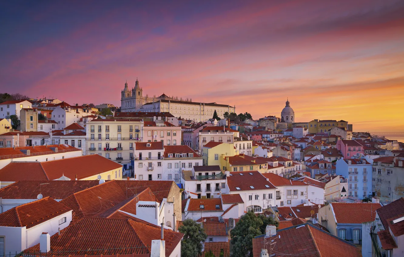 Photo wallpaper roof, dawn, home, slope, panorama, glow, Portugal, Lisbon