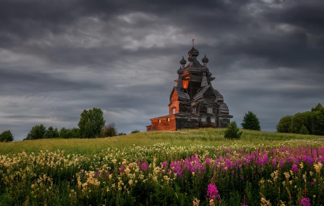 Photo wallpaper summer, landscape, clouds, nature, meadow, Church, grass, Maxim Evdokimov