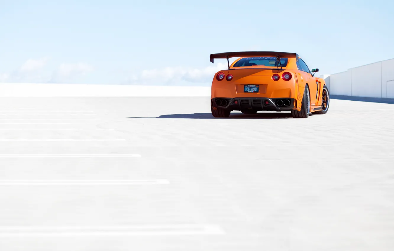 Photo wallpaper the sky, orange, Parking, Nissan, GT-R, Nissan, rear, orange