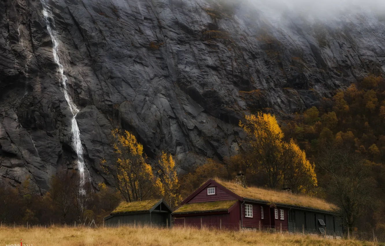 Photo wallpaper autumn, mountains, house, waterfall, Norway, Viggo Johansen Photography, Stavanger, Rogaland