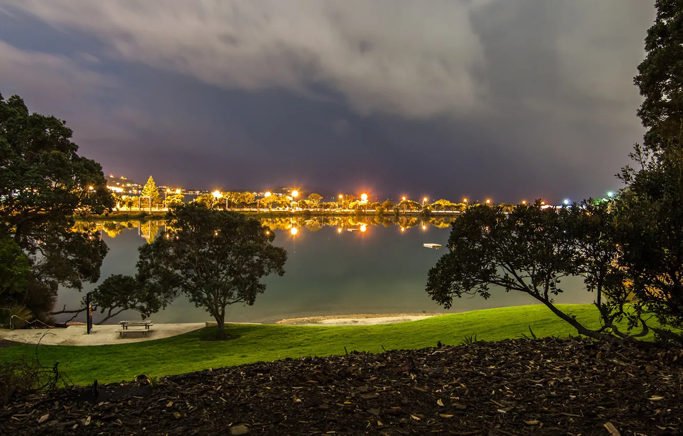Photo wallpaper trees, clouds, lights, river, lawn, the evening, New Zealand, lights