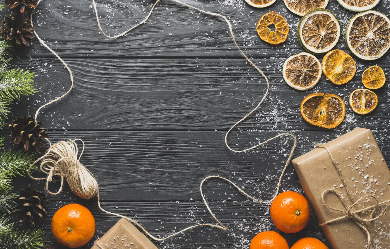 Photo wallpaper holiday, new year, spruce, citrus, bumps, tangerines