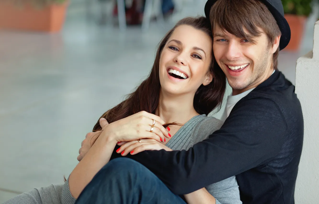 Photo wallpaper girl, joy, laughter, pair, guy, marigolds