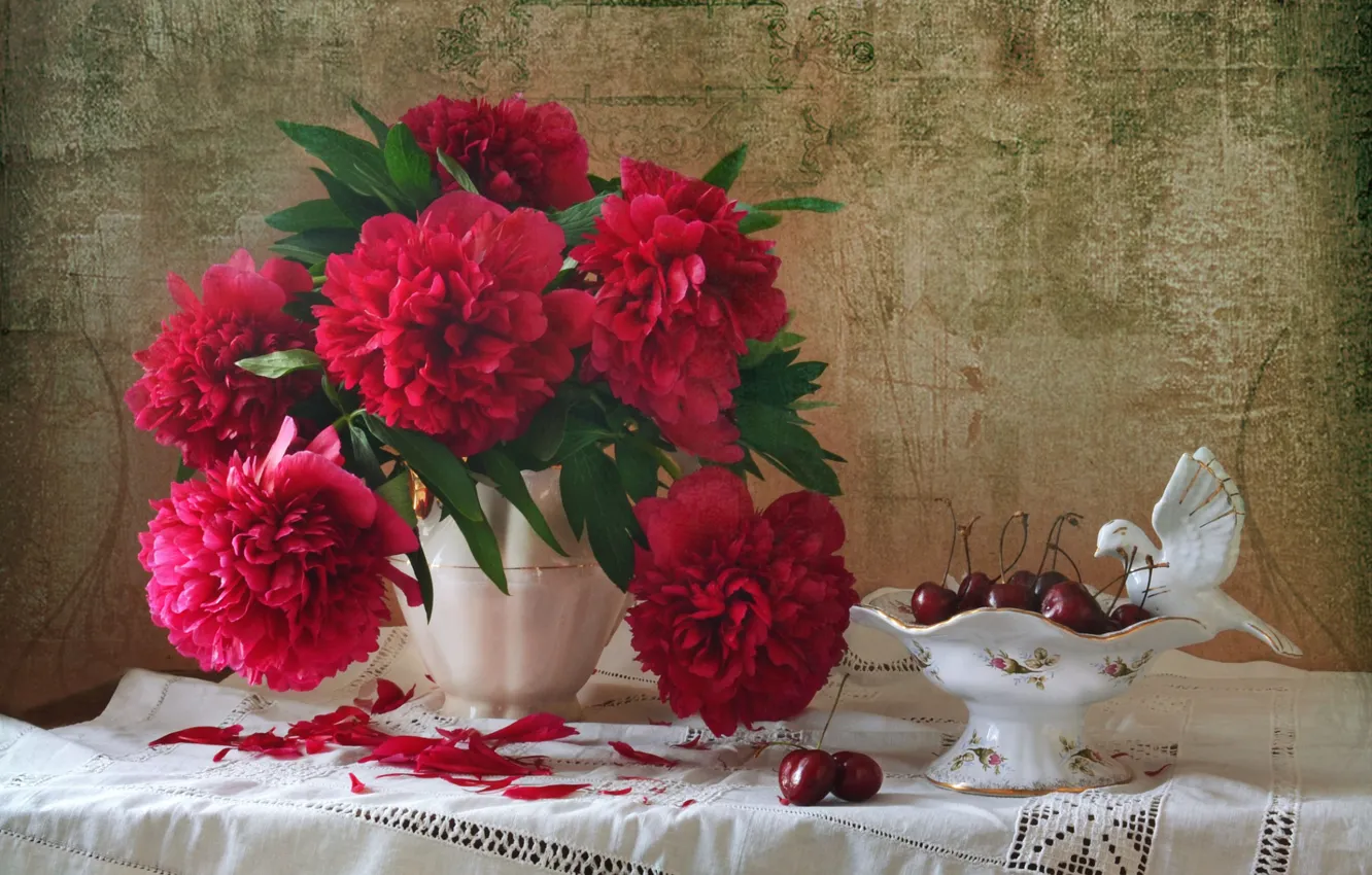 Photo wallpaper bouquet, cherry, tablecloth, peonies