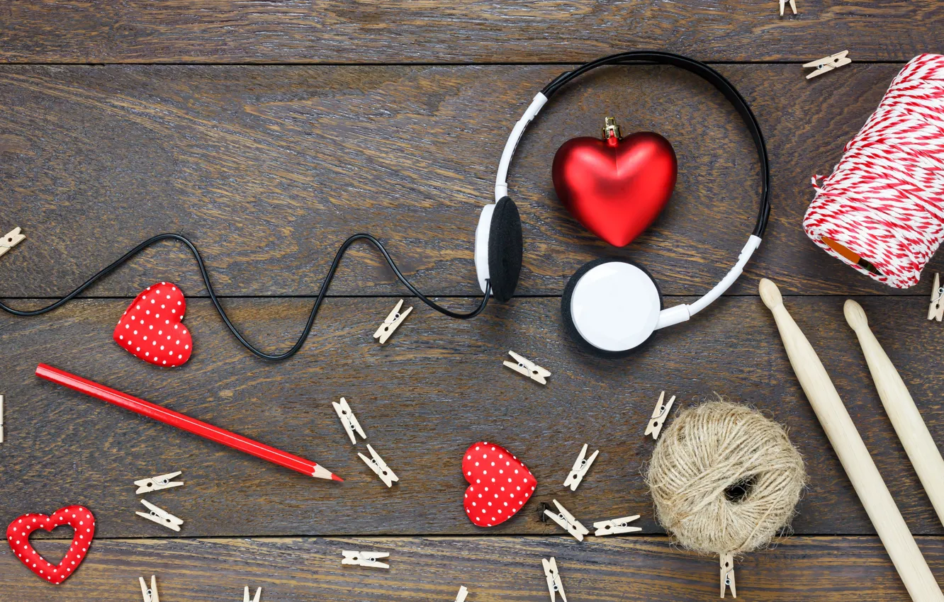 Photo wallpaper love, holiday, pencils, headphones, hearts, Valentine's day