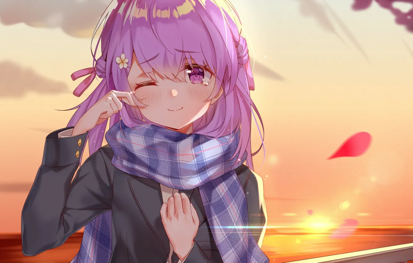 Photo wallpaper horizon, schoolgirl, pink hair, bangs, scarf striped, tears of happiness, autumn day, sunset on the …
