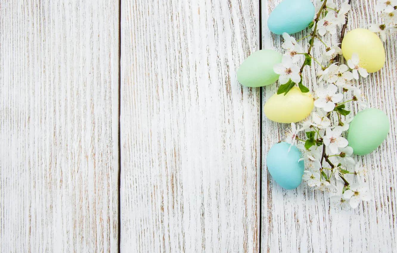 Photo wallpaper flowers, eggs, spring, colorful, Easter, happy, wood, blossom