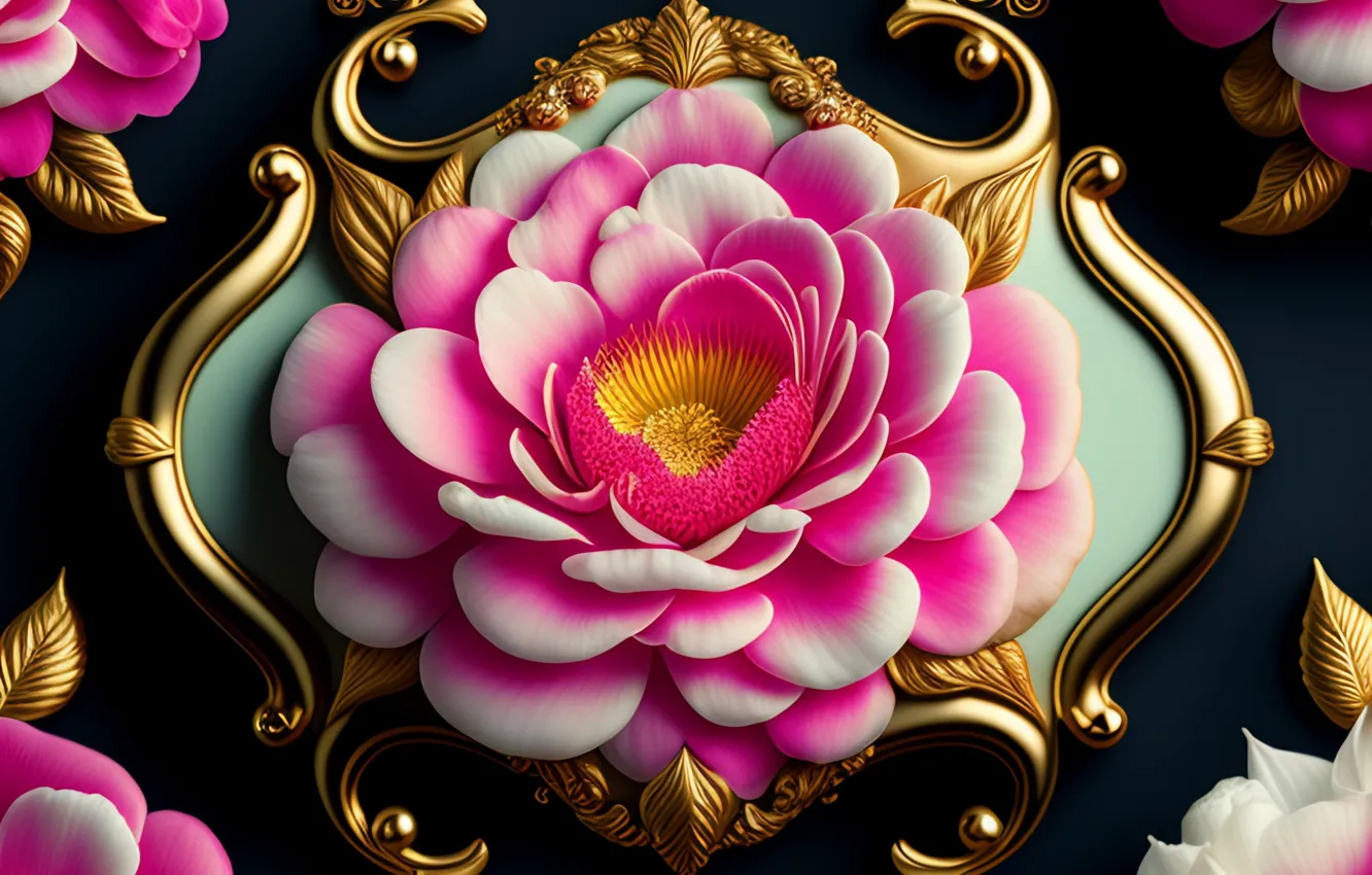 Photo wallpaper flower, flowers, rendering, pink, rose, frame, ornament, digital art