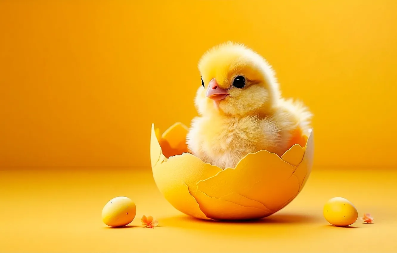 Photo wallpaper yellow, closeup, simple background, chickens