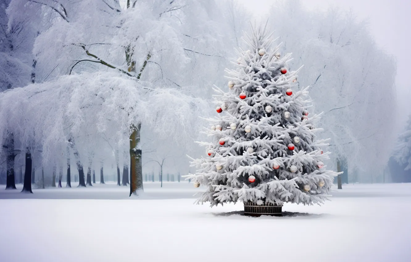 Photo wallpaper winter, snow, decoration, night, balls, tree, new year, Christmas