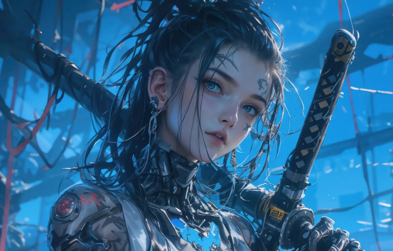 Photo wallpaper anime, katana, sci-fi, warrior, anime girl, Cyberpunk