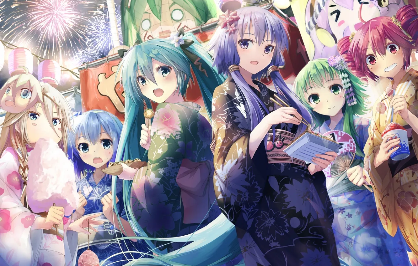 Photo wallpaper look, girl, joy, surprise, fireworks, vocaloid, hatsune miku, yukata