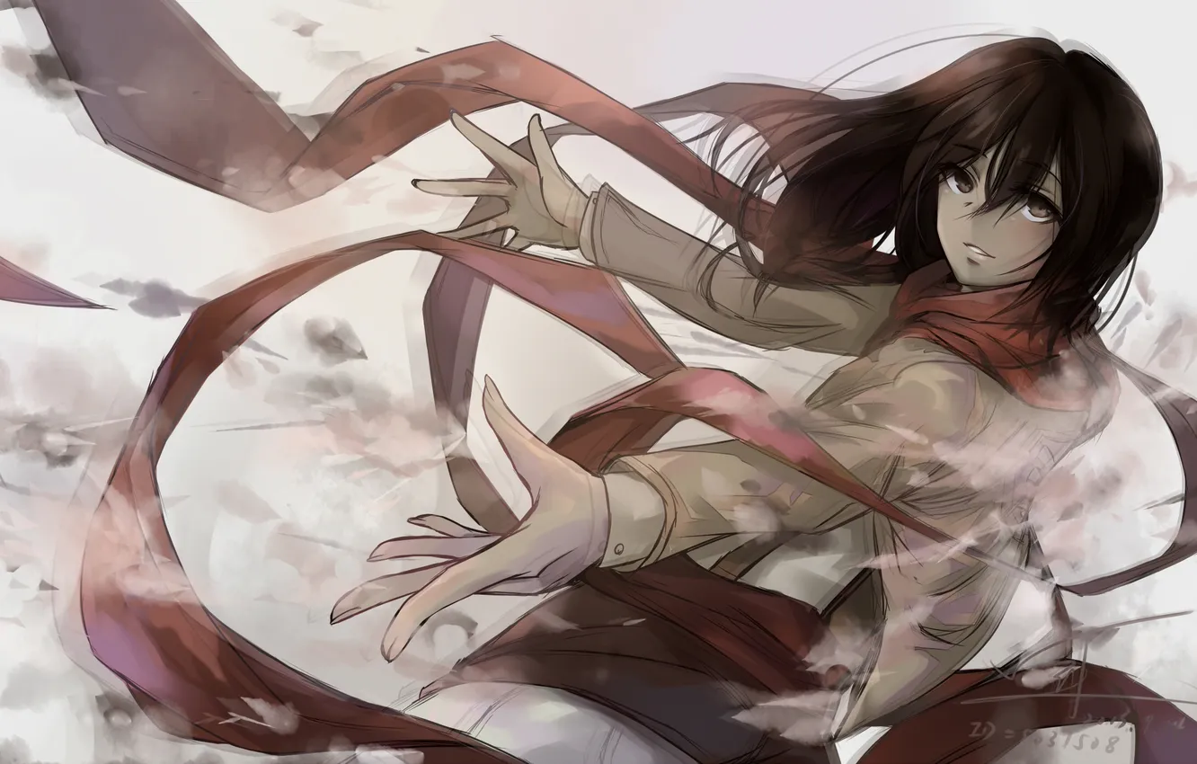 Photo wallpaper look, girl, smile, smoke, scarf, art, mikasa ackerman, Shingeki no Kyojin