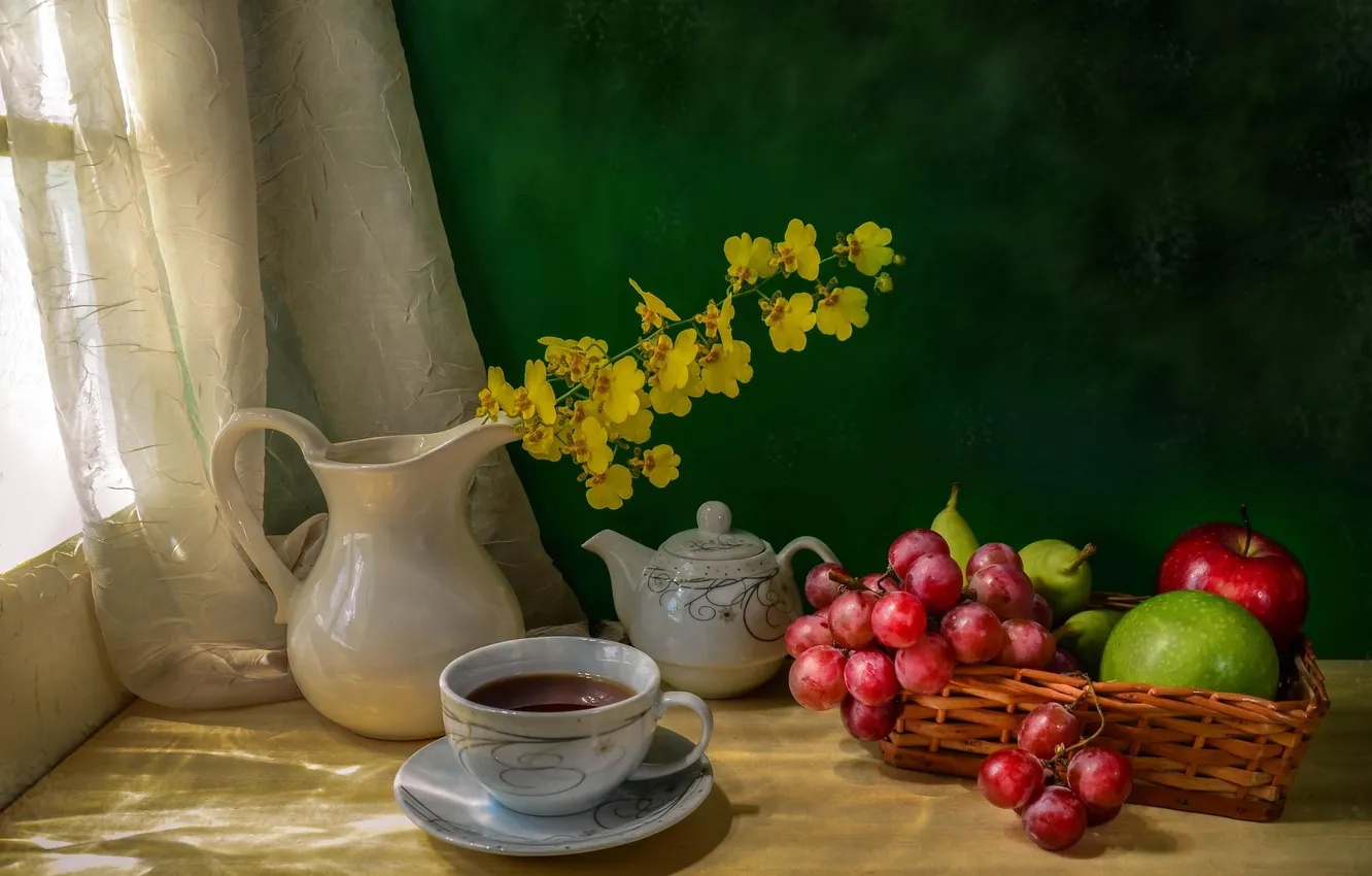 Photo wallpaper flowers, table, tea, yellow, window, mug, pitcher, fruit
