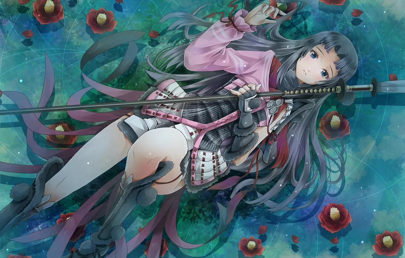Photo wallpaper water, girl, flowers, weapons, lies, spear, armor, Sengoku Basara