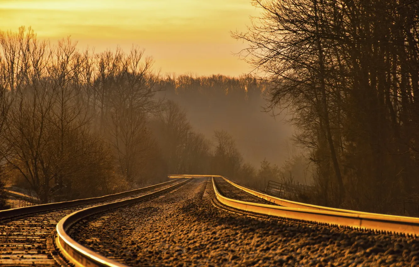 Photo wallpaper landscape, sunset, railroad