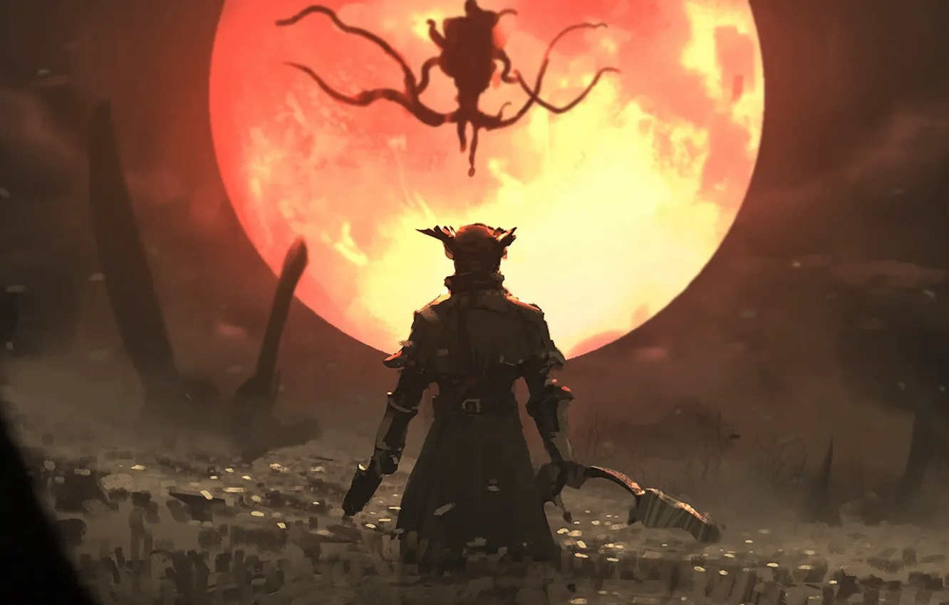 Photo wallpaper red, Sony, PS4, bloodborne, Moon Presence