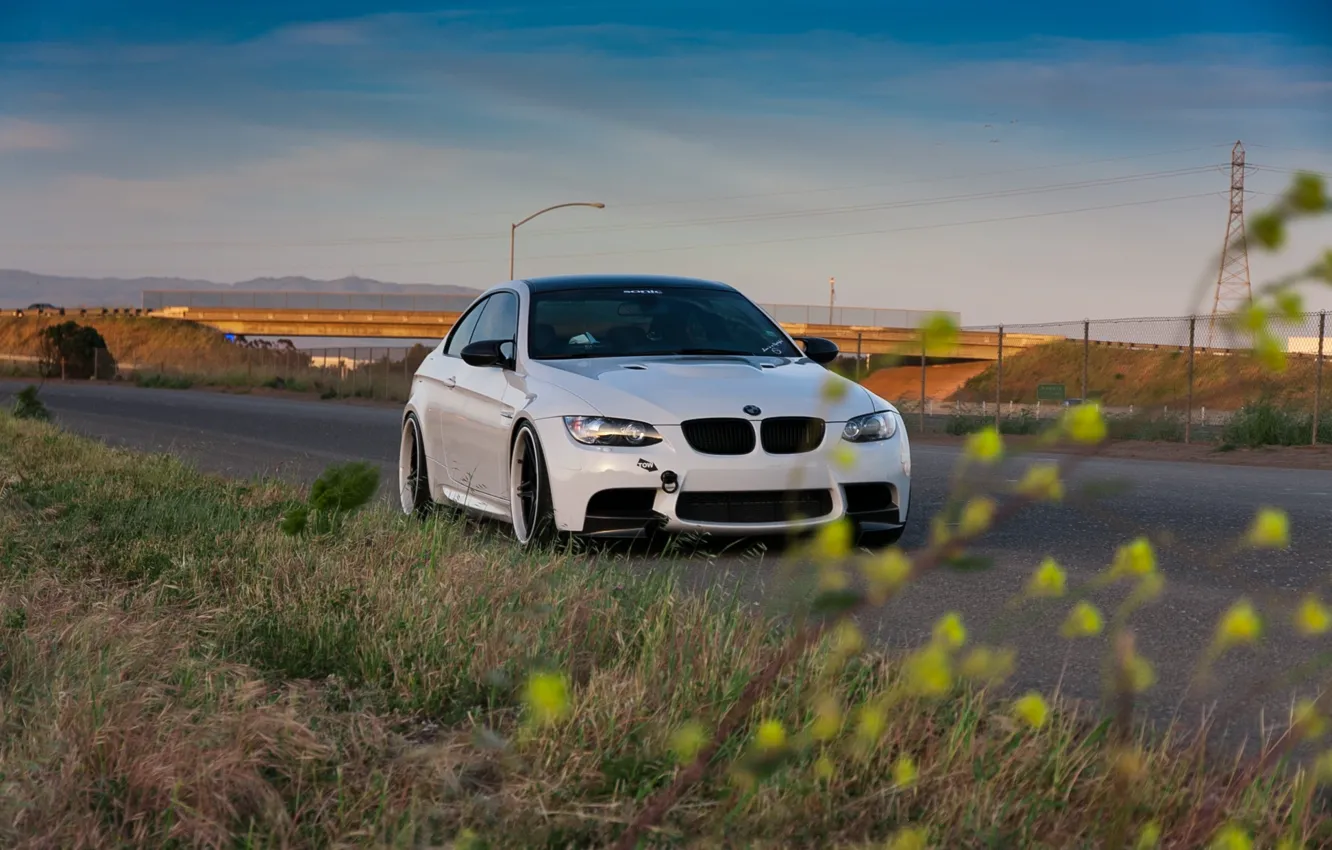 Photo wallpaper road, white, bmw, BMW, the evening, white, roadside, e92