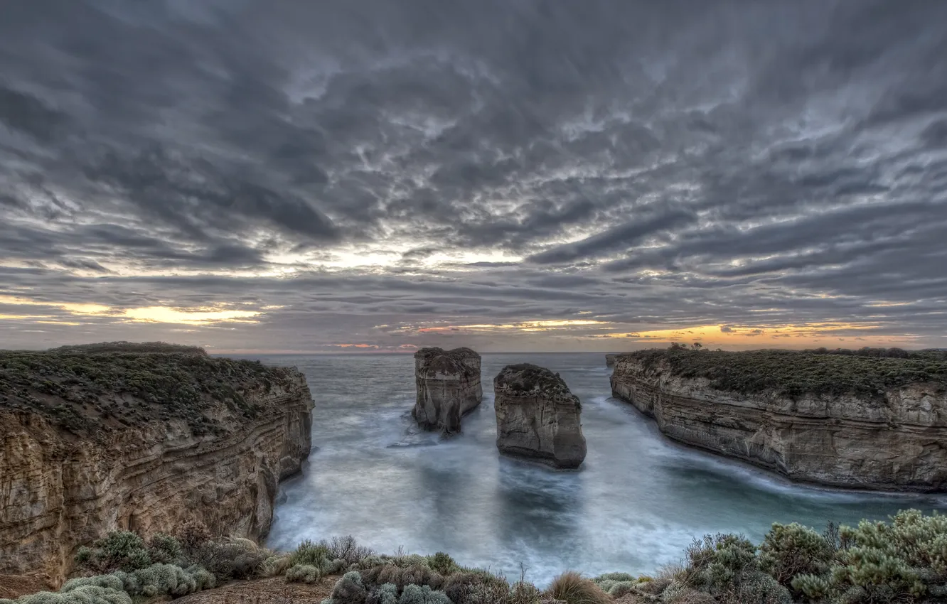 Photo wallpaper the sky, water, clouds, rocks, plants, Bay