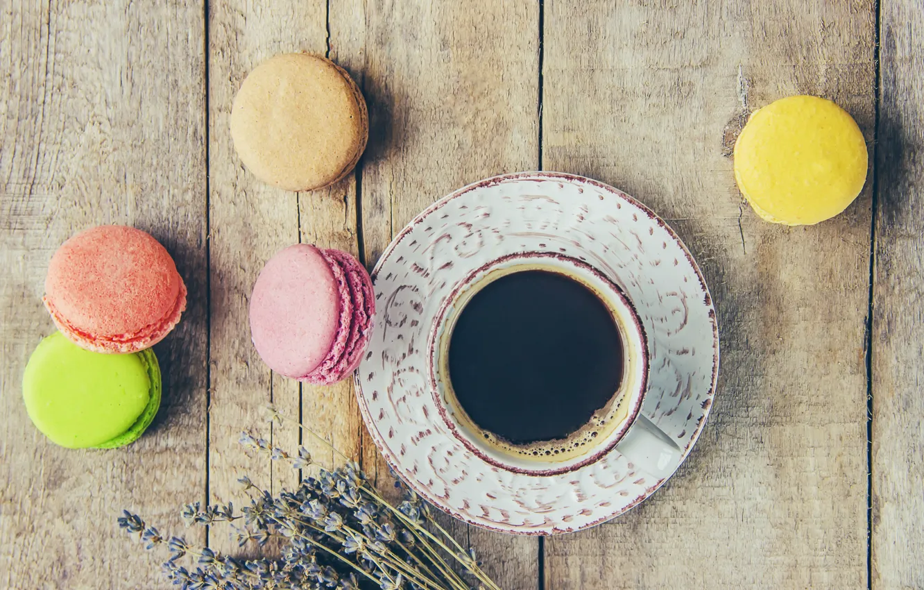 Photo wallpaper colorful, lavender, coffee cup, lavender, french, macaron, a Cup of coffee, macaroon