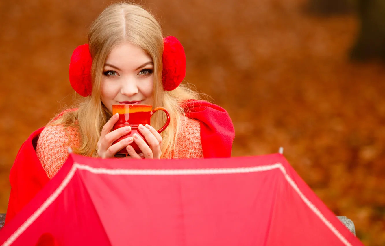 Photo wallpaper autumn, look, girl, red, background, portrait, umbrella, hands