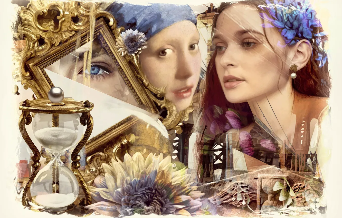 Photo wallpaper girl, collage, picture, frame, art, hourglass, Dahlia