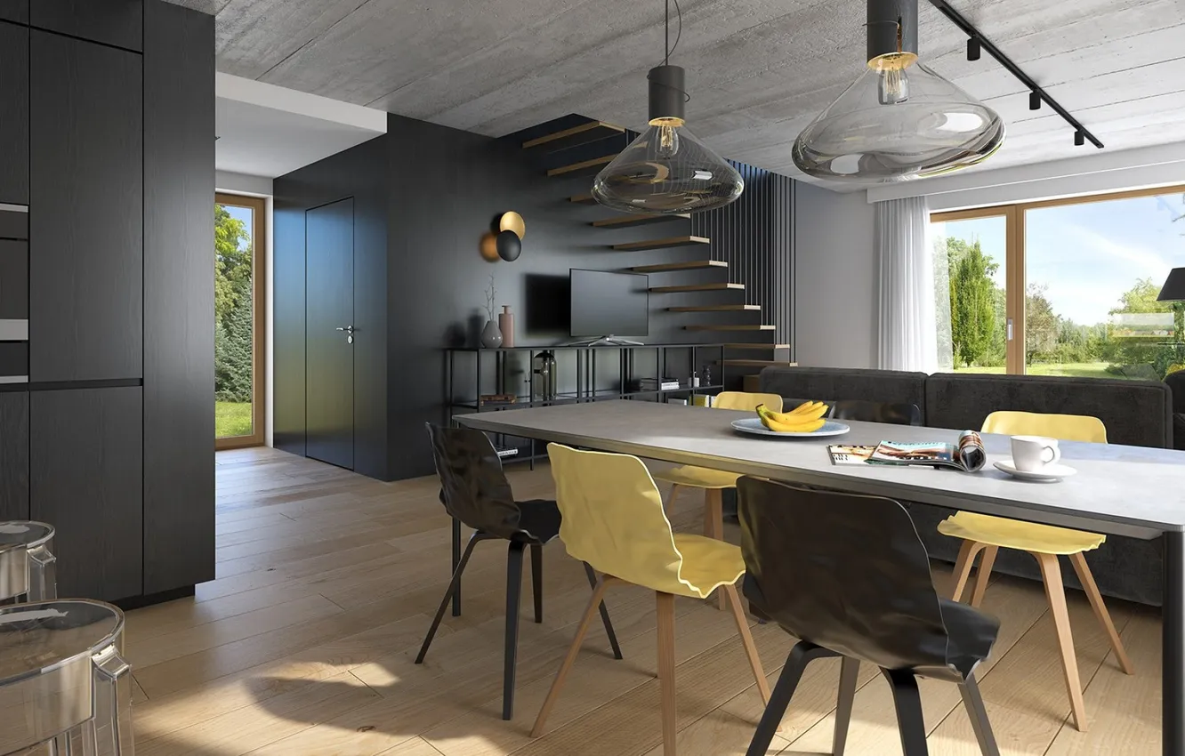 Photo wallpaper design, style, interior, ladder, living room, dining room
