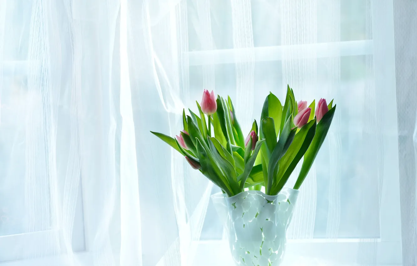 Photo wallpaper flowers, room, home, bouquet, window, tulips, vase