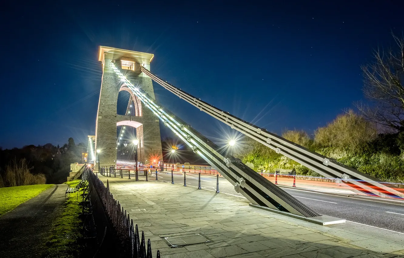 Photo wallpaper trees, night, bridge, lights, England, lights, Bristol, Clifton Suspension Bridge