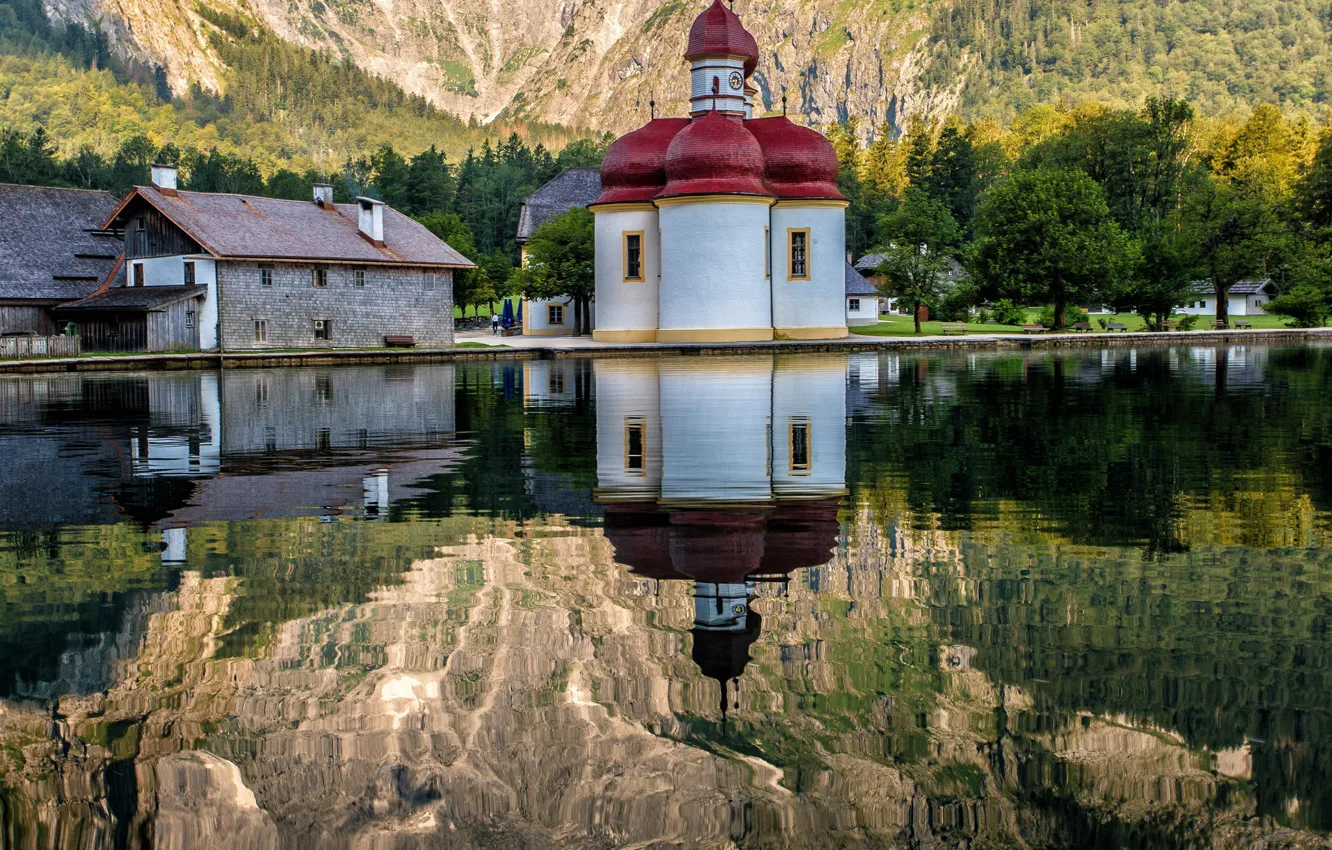 Photo wallpaper mountains, nature, lake, reflection, Germany, temple