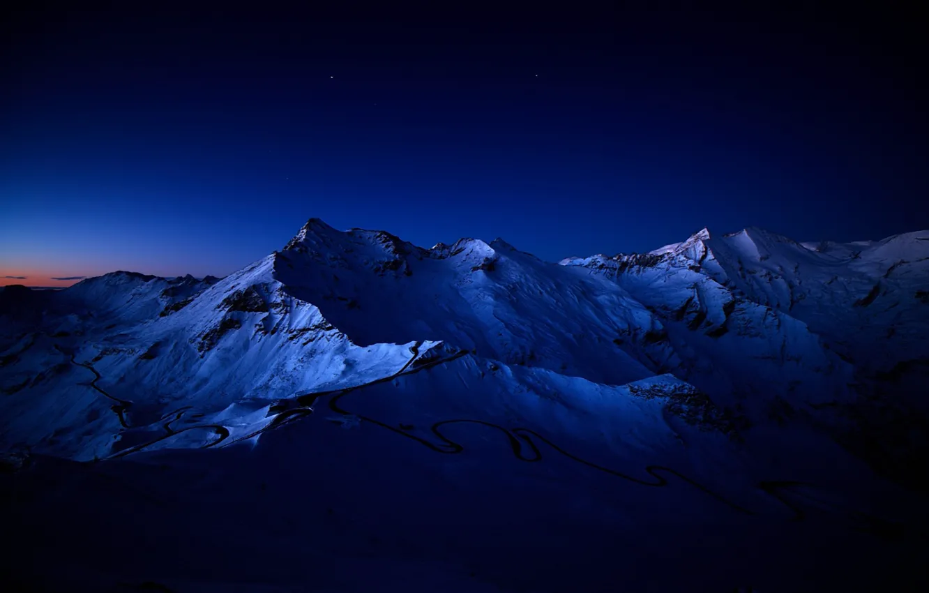 Photo wallpaper stars, snow, mountains, night