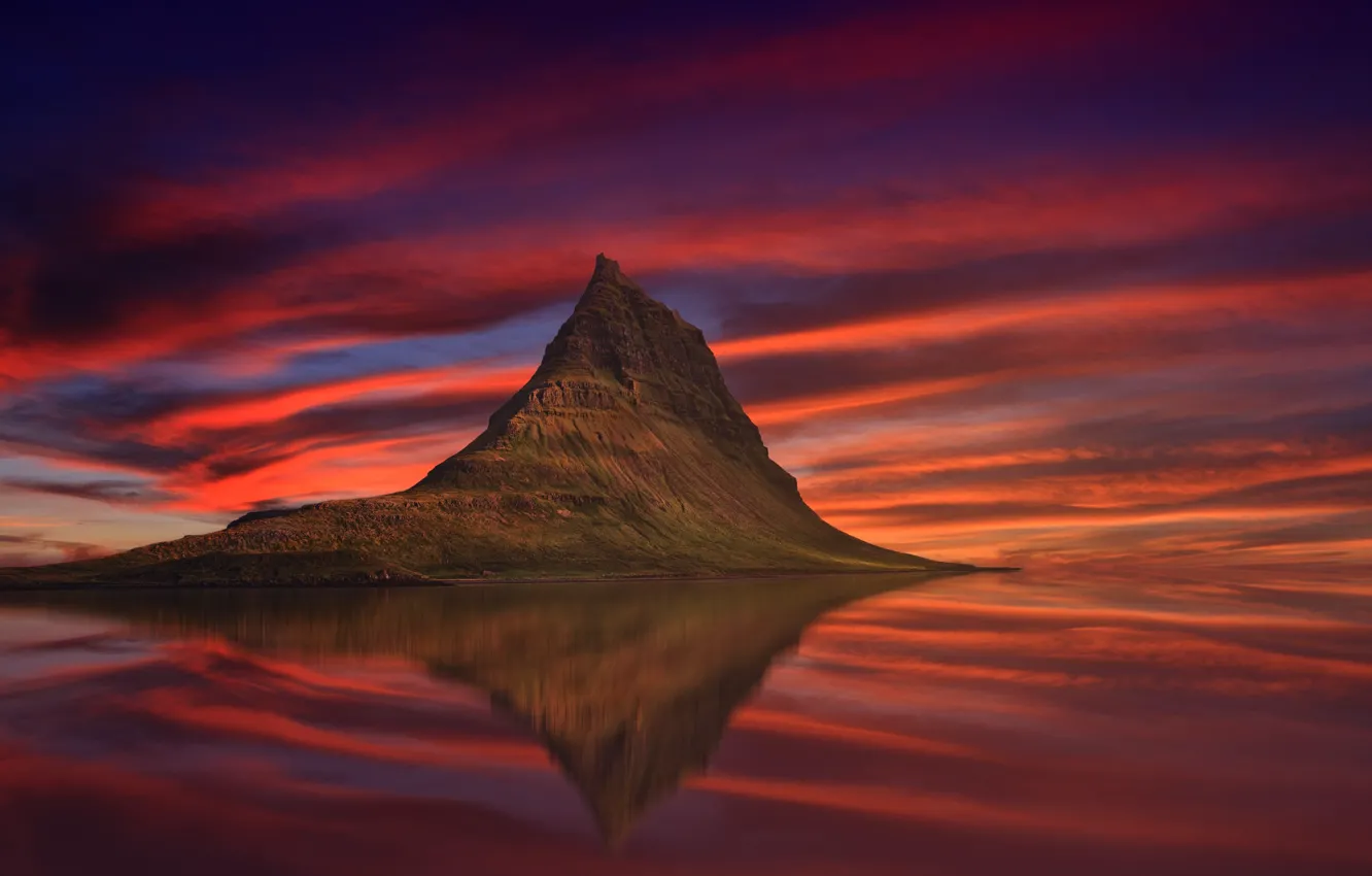 Photo wallpaper sunset, mountains, reflection, space, twilight, sunset, dusk, the beauty of nature