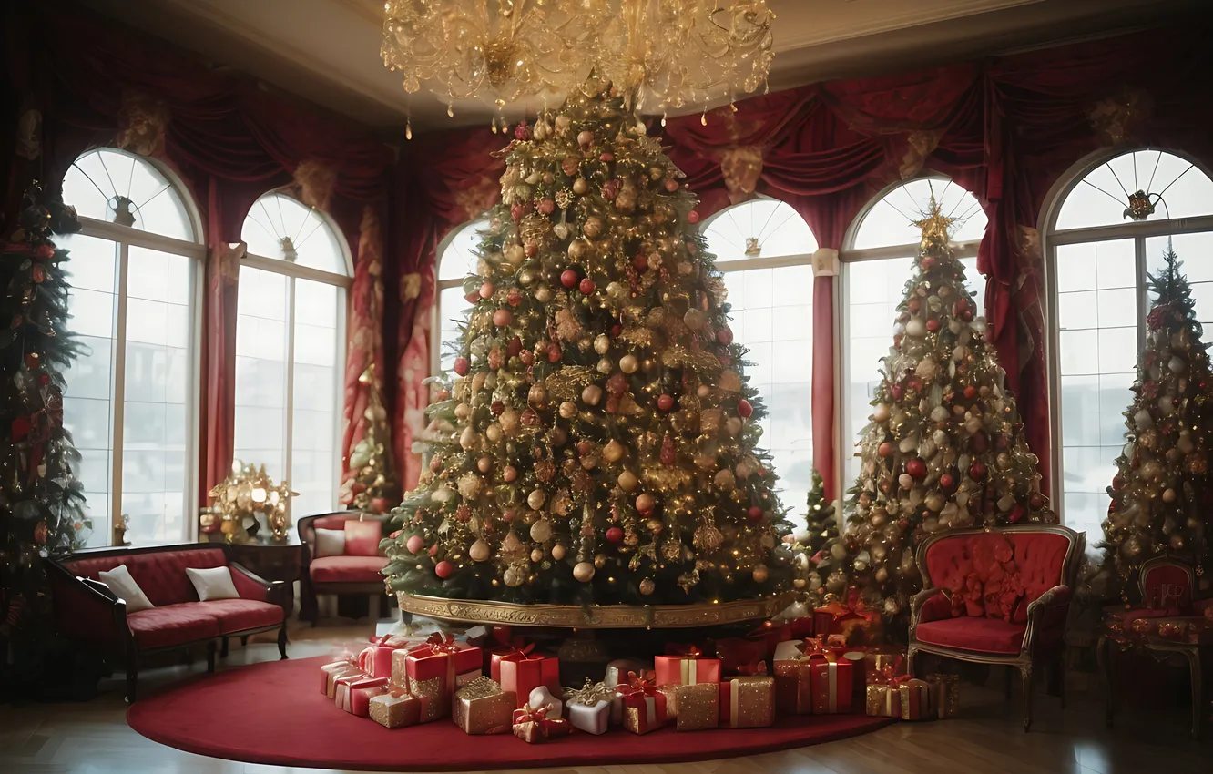 Photo wallpaper room, tree, interior, Christmas, New year, Christmas, view, tree