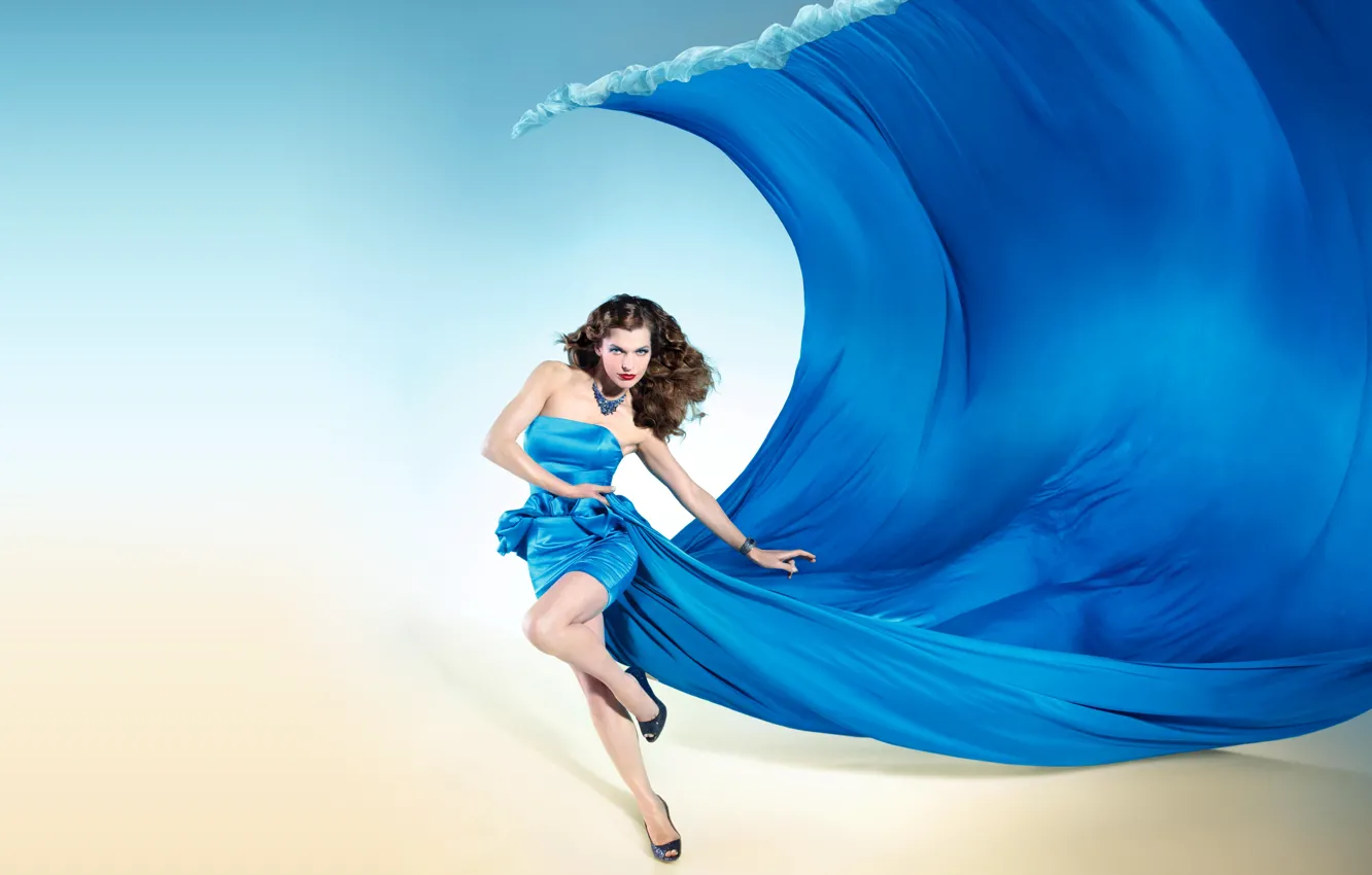 Photo wallpaper girl, shoes, Milla Jovovich, blue dress, red lips, Milla Jovovich, dress wave