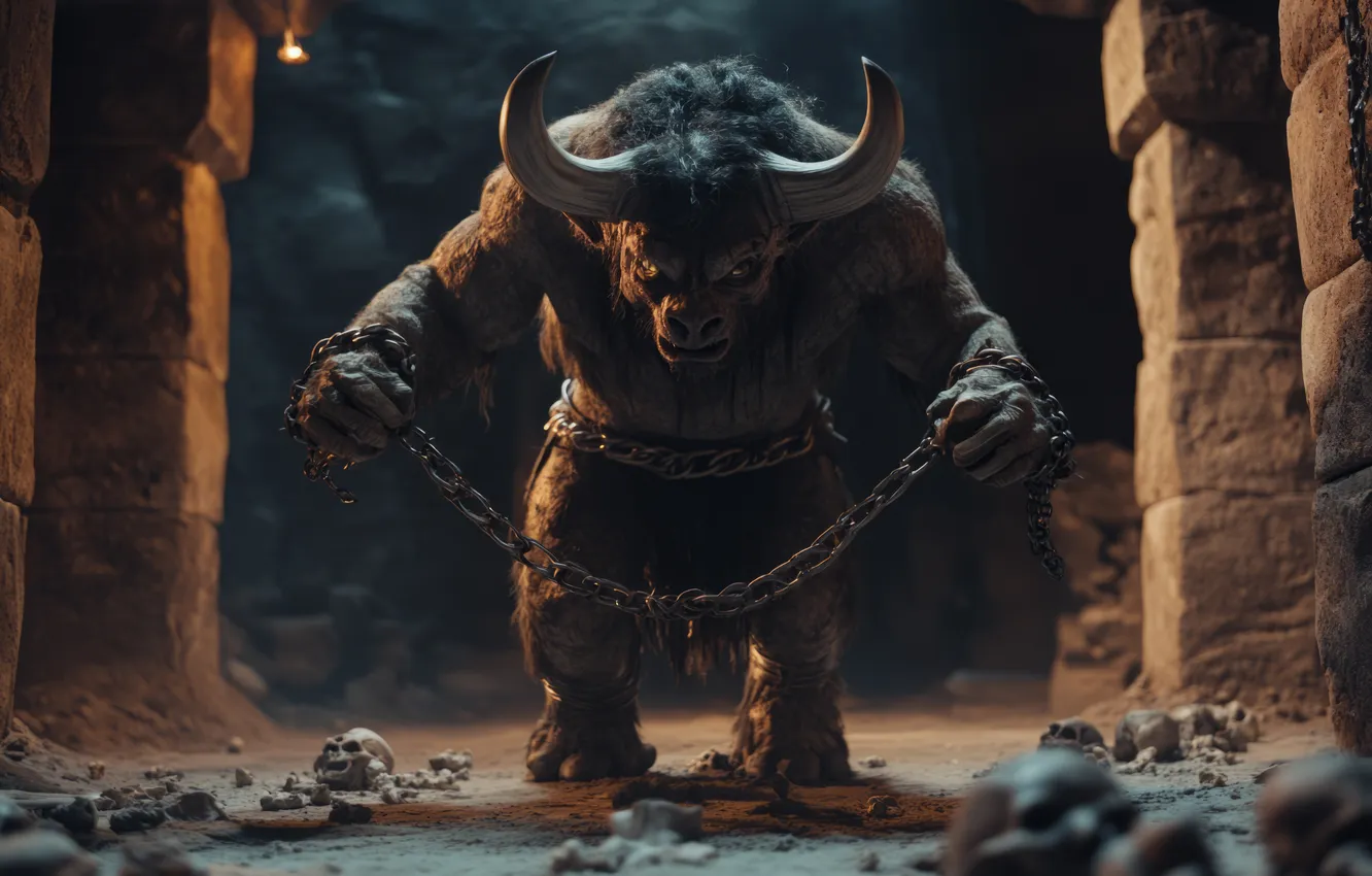 Photo wallpaper chain, horns, monster, the Minotaur, digital art, mythology, AI art, The Art of Artificial Intelligence