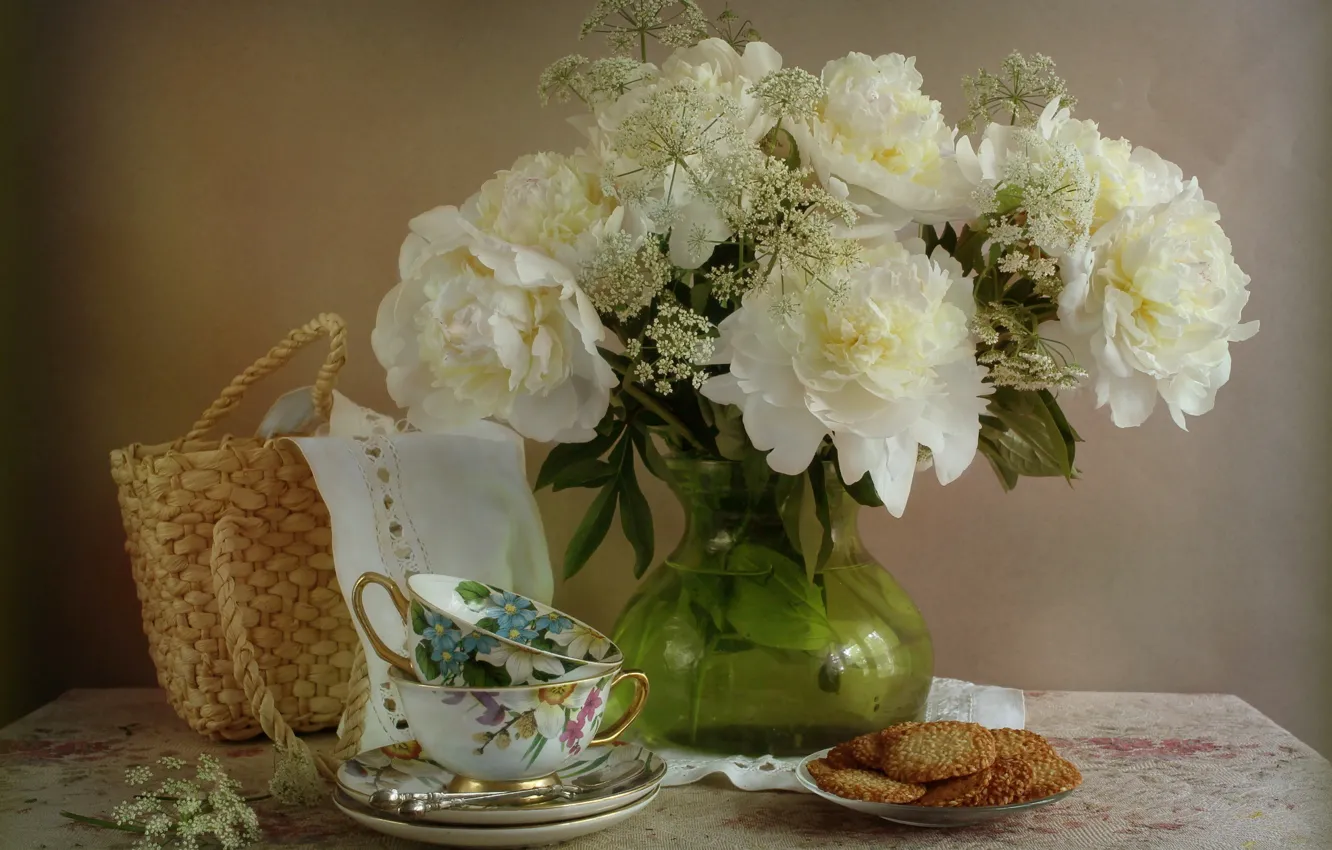 Photo wallpaper flowers, blanket, cookies, the tea party, Cup, vase, still life, basket
