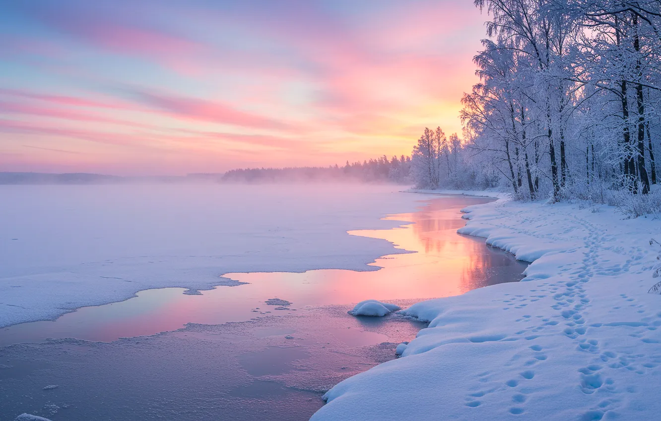 Photo wallpaper ice, snow, sunset, lake, wallpaper, ice, thawed, sunset