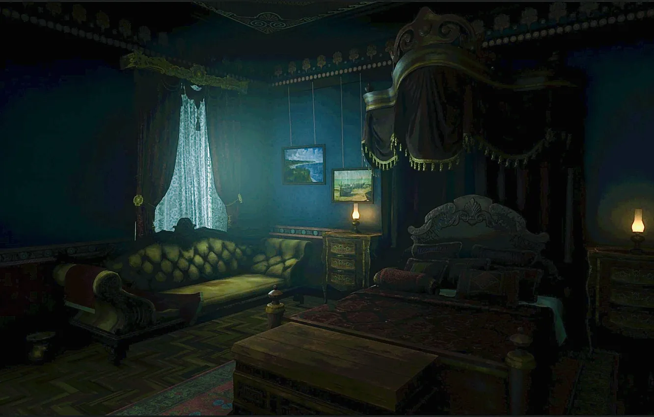 Photo wallpaper lights, HDR, game, bed, lamps, pillow, chest, curtains