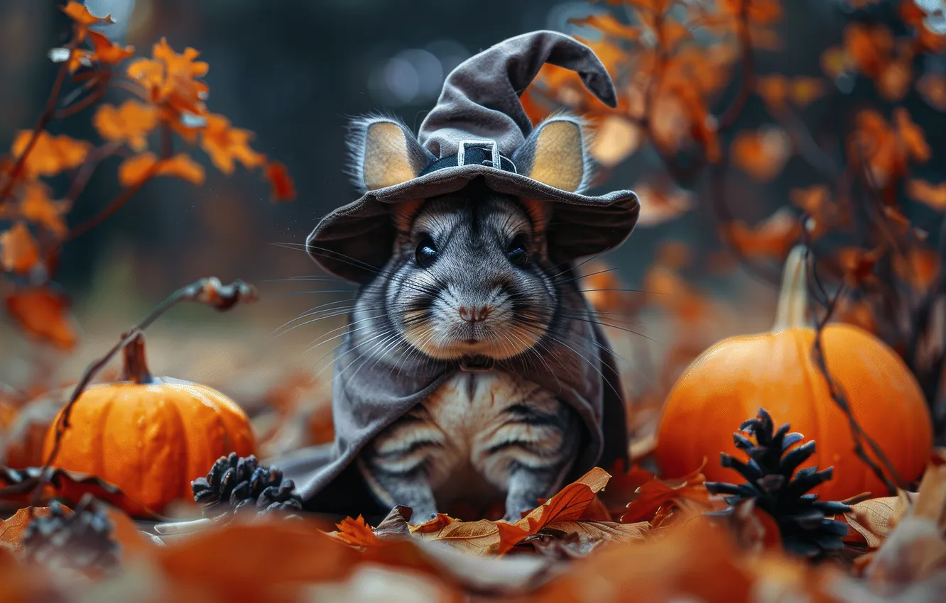 Photo wallpaper Halloween, neural network, look, holiday, AI art, chinchilla, autumn, the scenery