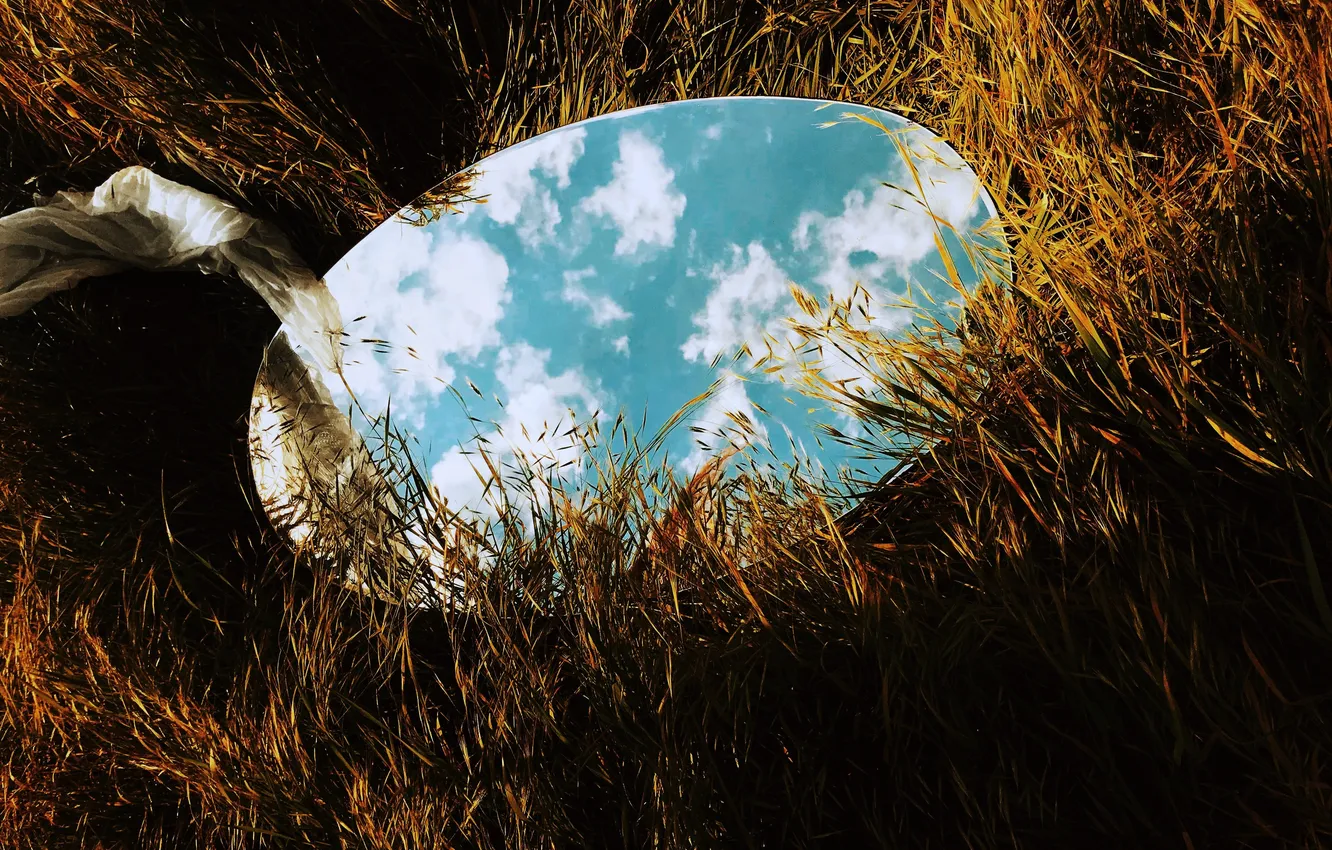 Photo wallpaper the sky, grass, clouds, landscape, nature, reflection, mirror