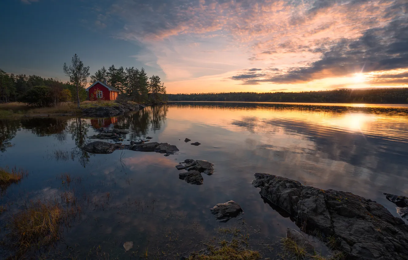 Photo wallpaper autumn, forest, sunset, lake, reflection, Norway, house, Norway