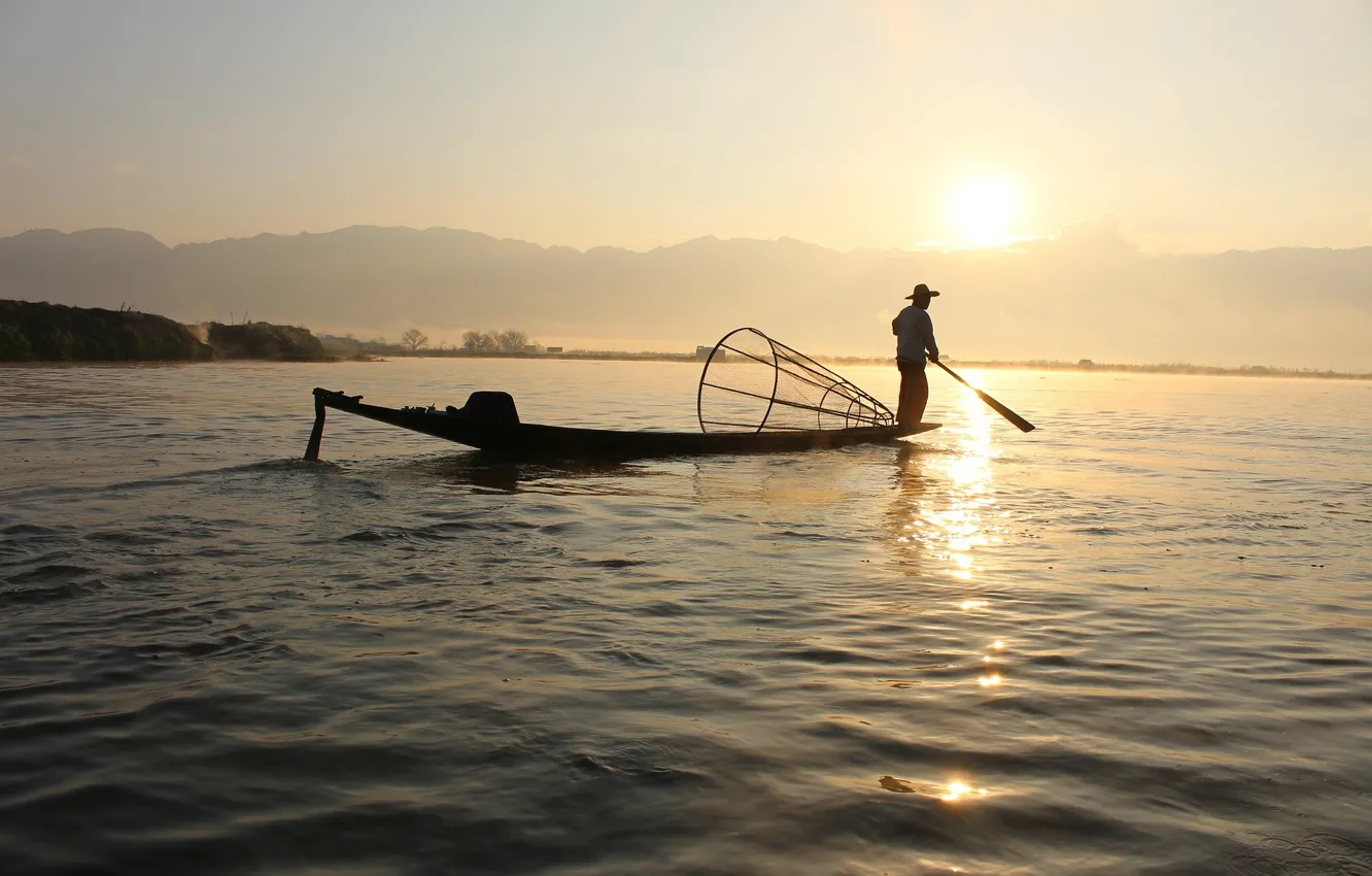 Photo wallpaper sunset, lake, fishing, on the lake